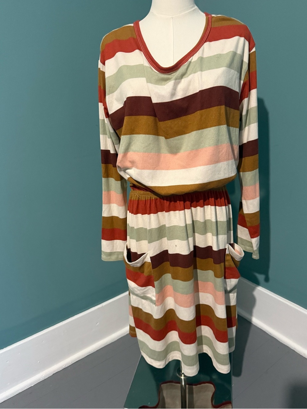 Betsey’s Boutique Shop XL Stripe Dress Pockets Long Sleeve Soft Stretch Boho